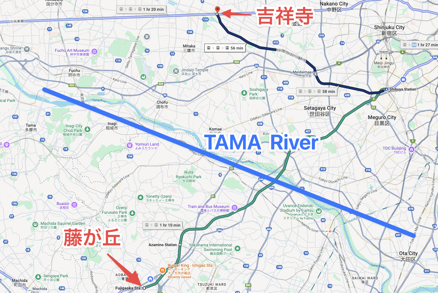 藤が丘から吉祥寺へのルート